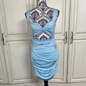Yissang Size Medium Baby Blue Twist Front Cut Out Ruched Bodycon Dress NWT
